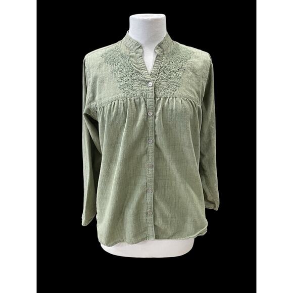 Woolrich Women's Size Large Button Up Long Sleeve Cotton Shirt Blouse Green Boho - Picture 1 of 13